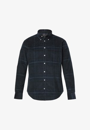 Ciemnoniebieska koszula z kordurowego materiału z kołnierzykiem zapinanym na guziki, białym wzorem w kratę, długimi rękawami i kieszenią na piersi. Posiada zapięcia na guziki.