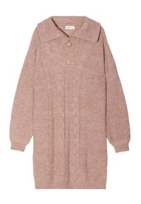 Robe en tricot torsadé d'un doux rose blush. Elle présente un large col, une fermeture éclair avec un tirant en anneau et des manches longues. Tissu texturé.