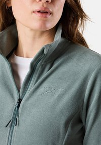 Light green zip-up fleece jacket with a textured surface. Features a high collar and embroidered "SwedenMount" logo on the chest.
