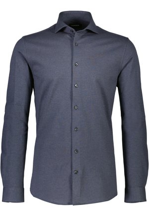 Donkerblauwe overhemd met lange mouwen, knoopsluiting en een klassieke kraag, subtiele textuur en zwarte knopen. Tailored fit met een afgeronde zoom.
