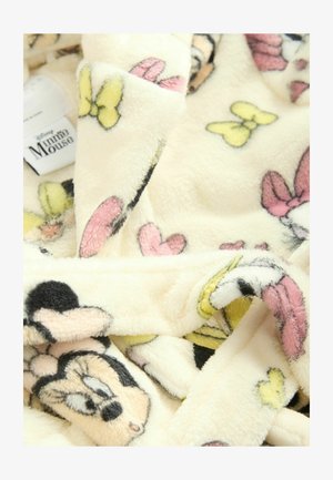 Flísová deka s krémovým pozadím a barevnými vzory myšky Minnie a mašlí v růžové, žluté a černé barvě. Měkká textura.