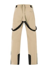 Pantalon de plein air beige avec des renforts noirs à l'intérieur des jambes inférieures et des bretelles noires réglables attachées à l'arrière.
