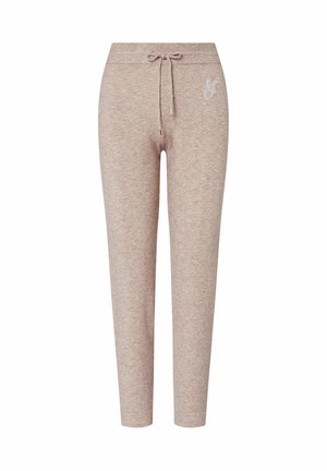 Pantaloni jogger beige in tessuto morbido con vita regolabile tramite coulisse e piccolo logo ricamato nella parte superiore sinistra.
