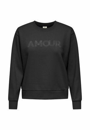 Svart crewneck sweatshirt med långa ärmar och ordet "AMOUR" i subtilt texturerad typografi över bröstet.