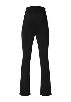 Zwarte zwangerschapsbroek met een rekbare, elastieke tailleband, uitlopende pijpen en een gladde stofstructuur. Kenmerkt zich door plooien aan de zijkanten voor extra comfort.