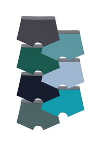 Σετ επτά βαμβακερών μποξεράκι σε διάφορα χρώματα: σκούρο γκρι, τιρκουάζ, πράσινο, ναυτικό μπλε, ανοιχτό μπλε και τυρκουάζ. Όλα διαθέτουν ριγωτές ελαστικές ζώνες στη μέση.