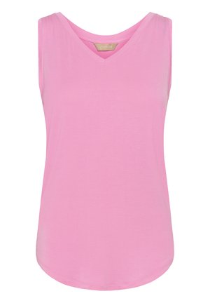 Ærmeløs pink V-hals top til kvinder med buet kant og blød stoftekstur.