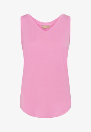 Top rosa senza maniche da donna con scollo a V, orlo curvo e tessuto dalla texture morbida.