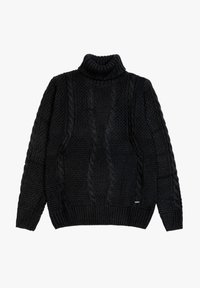 Zwarte gebreide trui met hoge col, voorzien van een textuur van kabelpatronen op het lichaam en de mouwen, en ribgebreide manchetten en zoom.