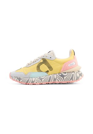 Yellow and pink sneaker with white laces, light blue accent, abstract black "a" logo, and thick sole with gray and white wavy pattern and pink tread.