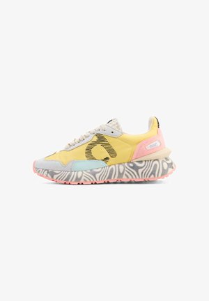 Yellow and pink sneaker with white laces, light blue accent, abstract black "a" logo, and thick sole with gray and white wavy pattern and pink tread.