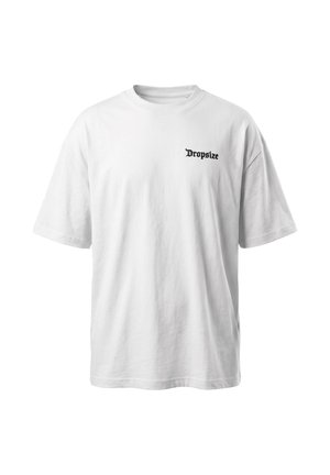 T-shirt bianca oversize a maniche corte con piccolo testo nero "Dropsize" stampato sul lato sinistro del petto.