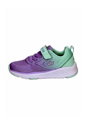 Lila und mintgrüner Sportschuh mit Mesh-Obermaterial, strukturierten Mustern, Schnürung und Klettverschluss, sowie weißer Sohle mit mintgrünen Akzenten.