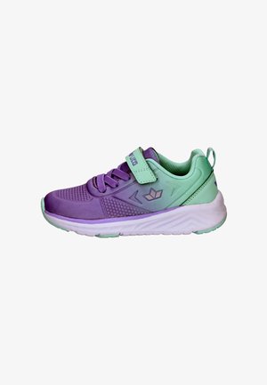 Purple and mint athletic shoe with mesh upper, textured patterns, lace-up and Velcro strap, and white sole with mint accents.