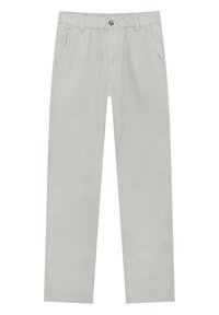 Pantaloni in cotone grigio chiaro con un design a gamba diritta, dotati di tasche frontali e chiusura con zip e bottone. Texture liscia.
