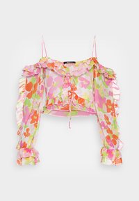 Květinový crop top s volánkovým výstřihem, designem s odkrytými rameny a dlouhými rukávy se zdobnými volánky, v odstínech růžové, oranžové a zelené.