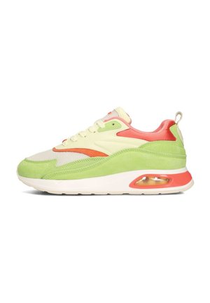 Sneakers with a mesh and suede upper in green, yellow, and orange, featuring a cushioned sole with visible air unit and lace closure.