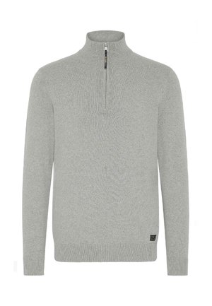 Világosszürke pulóver, magas gallérral és negyedzipzárral, bordázott mandzsetta- és alsó résszel. Puha, texturált anyagból készült.