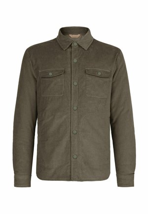Olijfgroene corduroy overhemdjacket met lange mouwen, twee borstzakken en drukknoopsluitingen. Zachte textuur en rechte zoom.