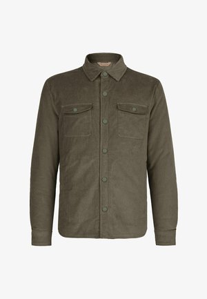 Olijfgroene corduroy overhemdjacket met lange mouwen, twee borstzakken en drukknoopsluitingen. Zachte textuur en rechte zoom.