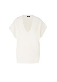 Haut en maille blanc à manches courtes avec col en V profond et bords côtelés, coupe ample, présenté sur un fond blanc uni.