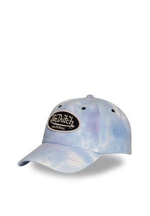 Hellblaues und lila Batik-Baseballcap mit schwarzem Aufnäher vorne mit der Aufschrift „Von Dutch California“, sechs Lüftungslöchern und gebogenem Schirm.