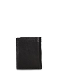 Portafoglio in pelle nera con finitura testurizzata, design a doppia piega, forma rettangolare e bordi cuciti. Minimalista e compatto per una facile conservazione.