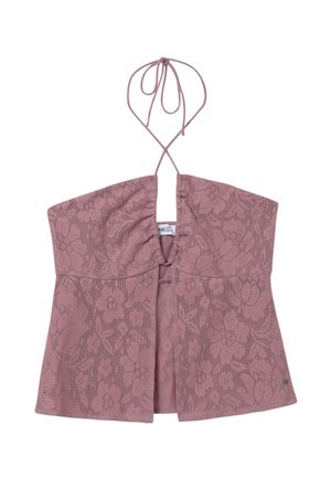 Top corto de encaje en color malva con patrón floral, que cuenta con un cuello con lazo, delantero abierto y un ajuste holgado. La tela texturizada añade dimensión.