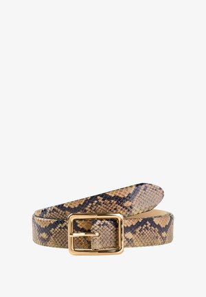 Cintura con motivo di pelle di serpente marrone e nera, con una fibbia rettangolare dorata, arrotolata su uno sfondo bianco.