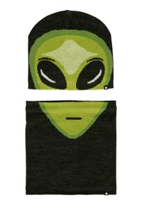 Set di berretto a maglia e gaiter per il collo con una grafica di alieno verde su sfondo nero. Il materiale è in tessuto morbido con una texture liscia.