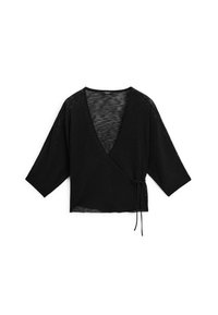 Schwarzes, leichtes Wickeloberteil mit tiefem V-Ausschnitt, Dreiviertelärmeln und Bindeband in der Taille. Texturierter Stoff mit lockerem Sitz.
