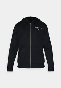 Schwarze Zip-Hoodie aus Baumwollmischung mit einer Kordelzugkapuze, Kängurutaschen und weißem Logo-Text auf der Brust.