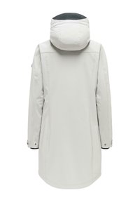 Cappotto lungo invernale grigio chiaro con cappuccio, cuciture decorative, polsini con bottoni e logo "NAVAHOO" sul retro del cappuccio.