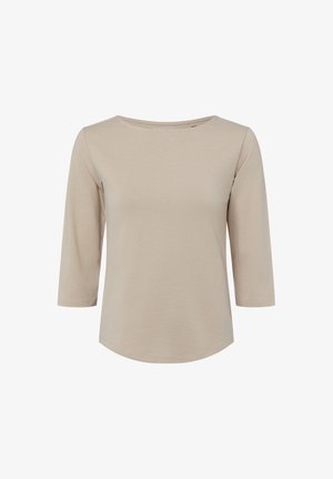Beige, three-quarter sleeve top with a round neckline and soft, smooth texture; features a rounded hem and minimal stitching details.