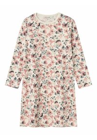 Abito floreale con maniche lunghe, realizzato in tessuto morbido. Presenta uno sfondo crema con motivi floreali rosa, blu scuro e verdi. Collo tondo.