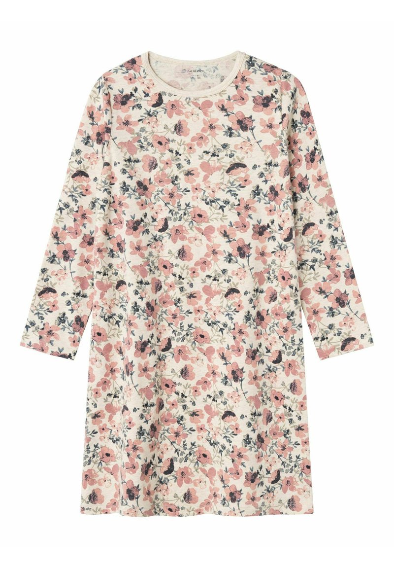 Abito floreale con maniche lunghe, realizzato in tessuto morbido. Presenta uno sfondo crema con motivi floreali rosa, blu scuro e verdi. Collo tondo.