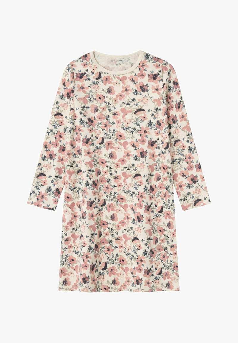 Abito floreale con maniche lunghe, realizzato in tessuto morbido. Presenta uno sfondo crema con motivi floreali rosa, blu scuro e verdi. Collo tondo.