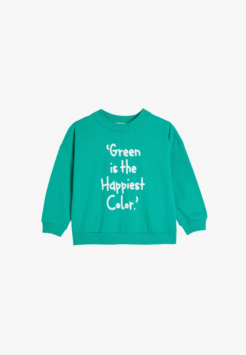 Felpa turchese con polsini e scollatura a costine, con testo bianco che recita: 'Il verde è il colore più felice.' Tessuto morbido e casual.