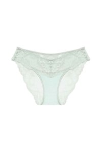Miętowe koronkowe majtki z haftem w kwiaty, falbaniastymi krawędziami i przezroczystym panelem z przodu, o miękkim, lekkim uczuciu.