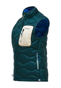 Donkergroene doorgestikte mouwloze bodywarmer met hoge kraag, beige borstzak met ritssluiting en ritssluitingen aan de zijkanten.