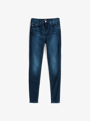 Tmavomodré džínsy s úzkym strihom, päť-vreckovým dizajnom a jemným vyblednutím. Obsahujú kovový gombík a zips.