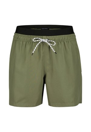 Męskie spodenki do pływania w kolorze oliwkowej zieleni, z elastycznym paskiem w talii i czarnymi akcentami. Biały sznurek ze czarnymi końcówkami, lekki materiał.