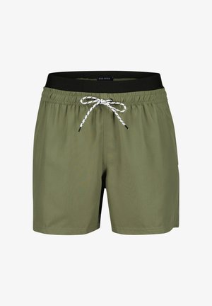 Herren-Badeshorts in Olivgrün mit elastischem Bund und schwarzen Akzenten. Weißer Kordelzug mit schwarzen Enden, leichtes Material.