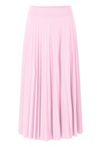 Jupe plissée rose en tissu léger, dotée d'une taille élastique et tombant au niveau des mollets avec une surface texturée.