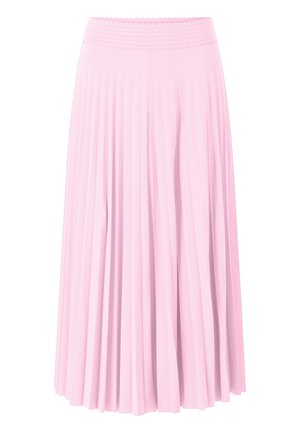 Pink pleated skirt made of lightweight fabric, featuring an elastic waistband and falling to mid-calf with a textured surface.