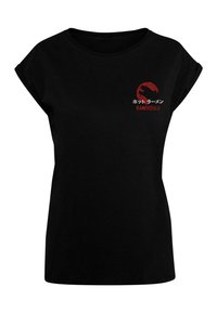 Black shirt with short rolled sleeves. Features a red graphic design of a dinosaur silhouette and Japanese text, "Ramenzilla," on the chest.