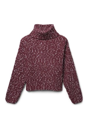 Burgunderfarbener Strickrollkragenpullover mit weißem Sprenkelmuster, verkürztem Design und langen Ärmeln mit gerippten Bündchen und Saum.