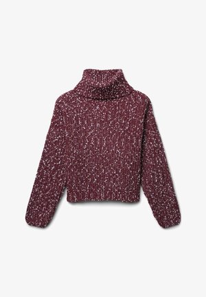 Maglione a collo alto in bordeaux con motivo a macchie bianche, design cropped e maniche lunghe con polsini e orlo a costine.