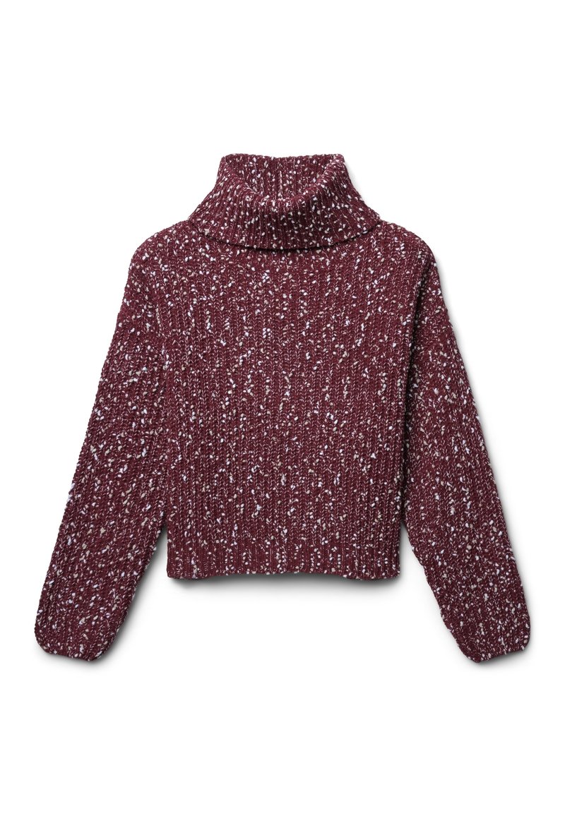 Maglione a collo alto in bordeaux con motivo a macchie bianche, design cropped e maniche lunghe con polsini e orlo a costine.
