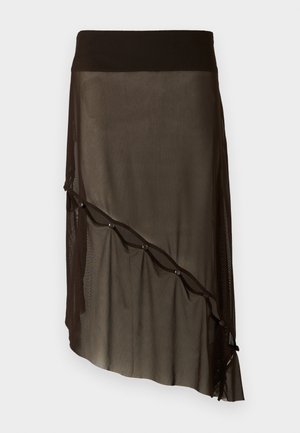 Schwarzer Mesh-Rock mit einem taillierten Bund, asymmetrischem Saum, dekorativen Knöpfen an der Vorderseite und geschichteter transparenter Textur.